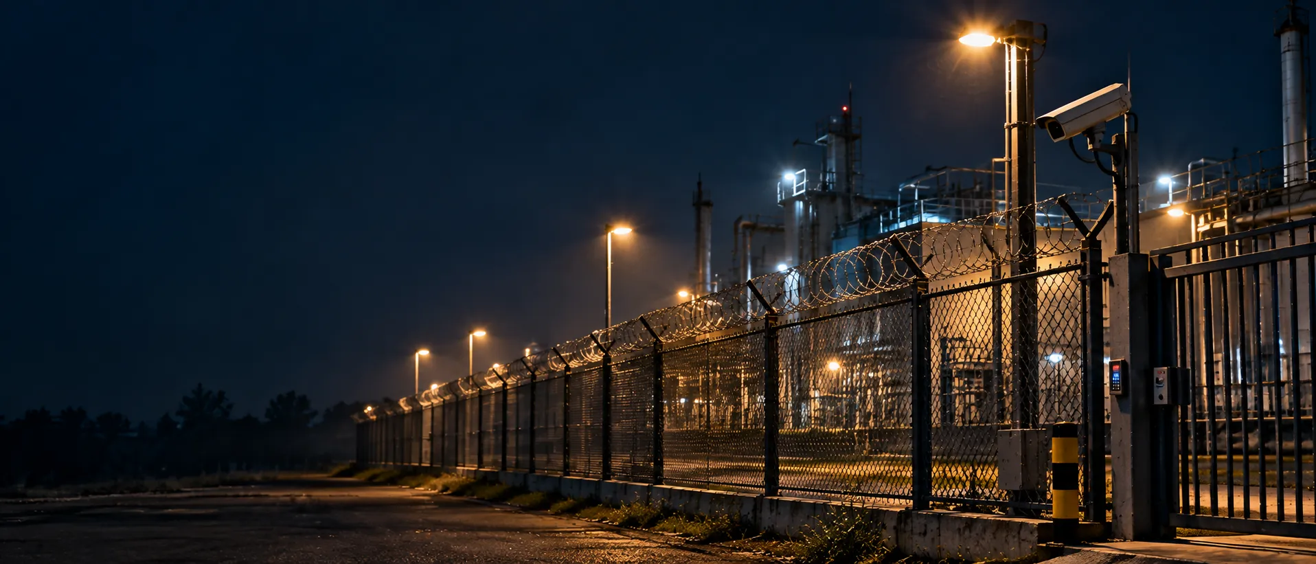 A secured industrial site at night: razor-wire fence, floodlights, a CCTV camera and a gate with a card reader