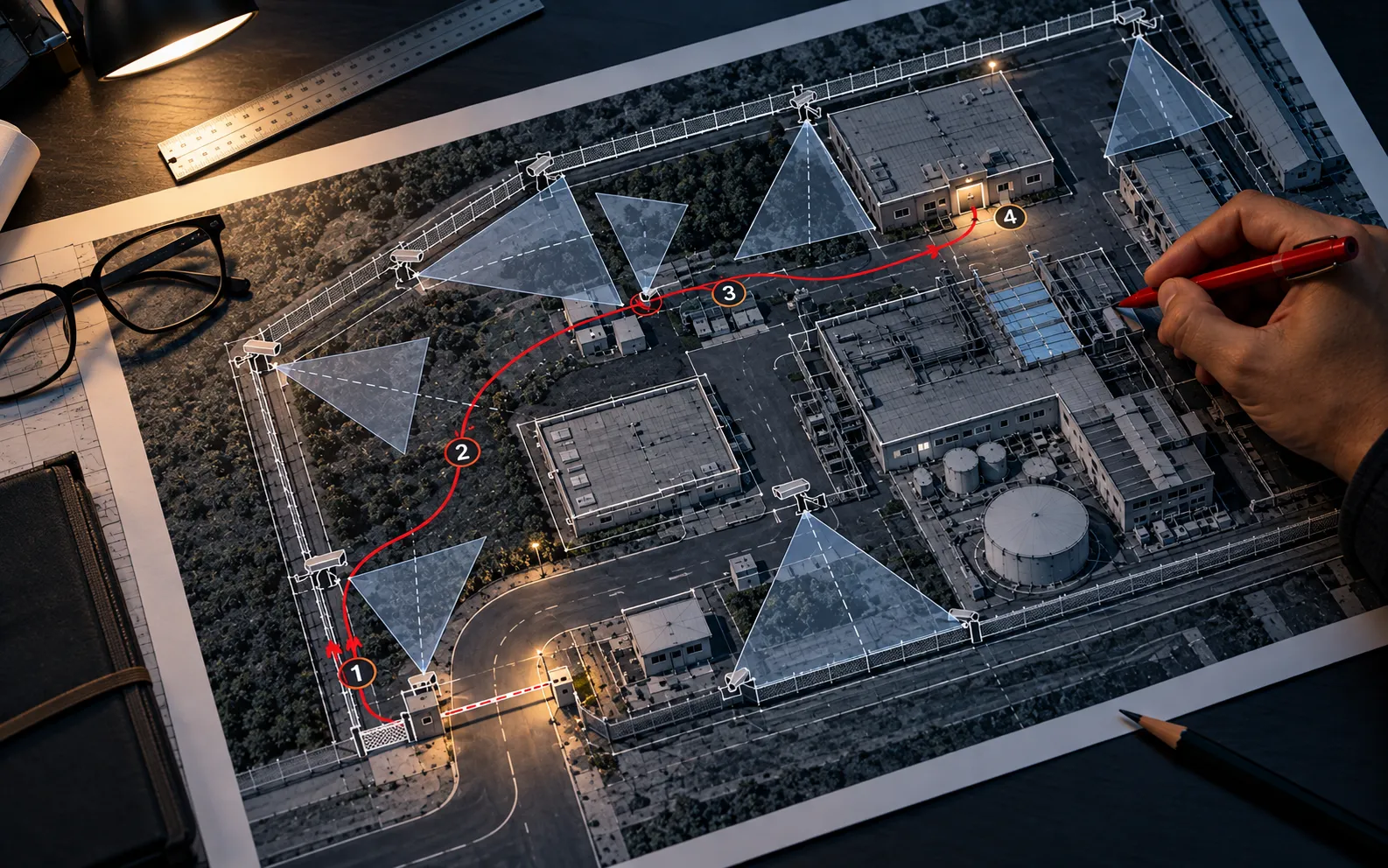 A facility site plan with camera coverage zones, and a numbered intrusion route being traced in red