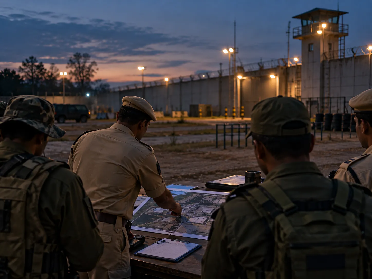 Uniformed trainers around a site plan at a training ground, planning a drill